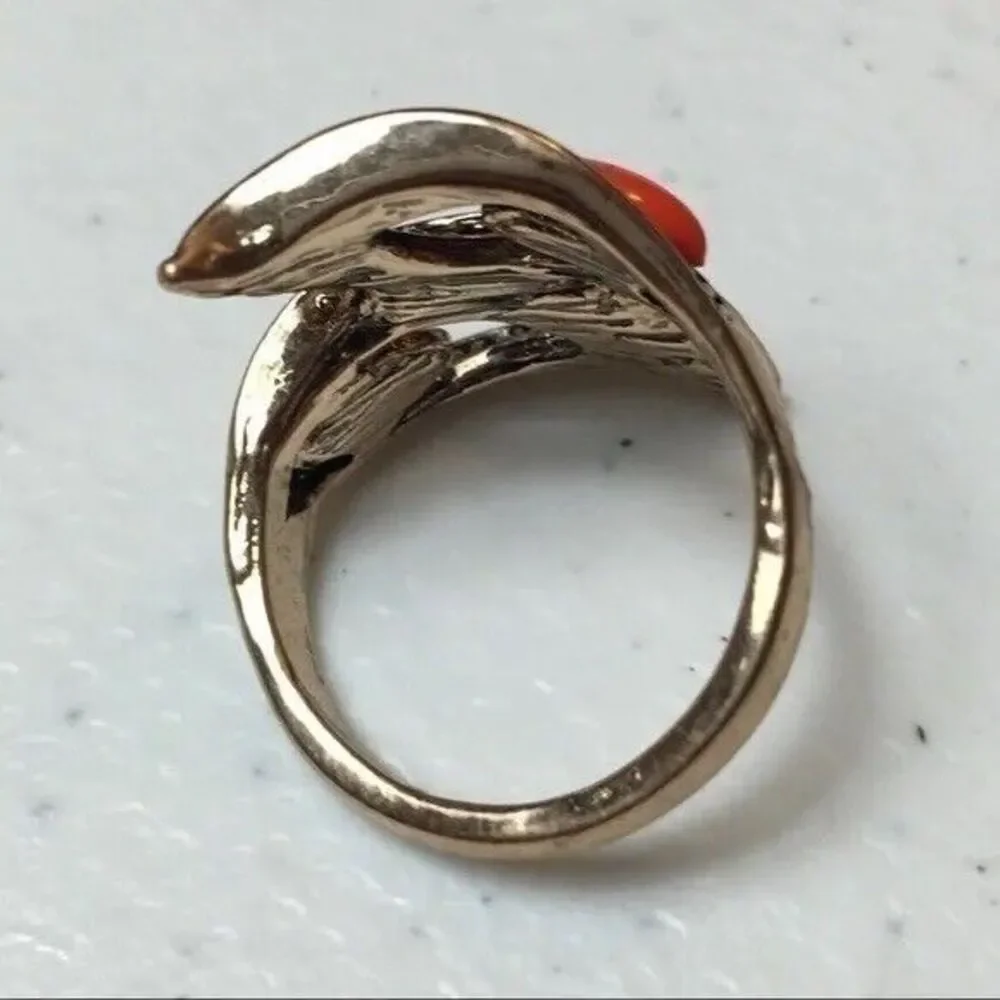 Vintage Ring Size 8.5 Gold Tone Orange Black Rhinestones Calla Lily